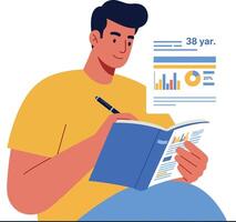 Man Analyzing Data Charts and Writing Notes in Notebook in Casual Setting vector