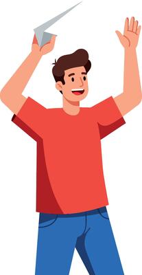Happy young man throwing paper plane in red shirt and blue jeans illustration