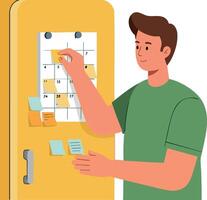 Man placing sticky notes on calendar on yellow board for organization and planning illustration vector
