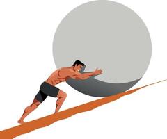 Man pushing large boulder uphill symbolizing effort and struggle illustration vector