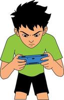 Boy Playing Game Holding Handheld Console Focused Expression Illustration vector