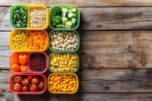 Colorful Collection of Fresh Vegetables and Grains in Containers Arranged Neatly on a Rustic Wooden Table for Healthy Meal Prep and Cooking Inspiration photo