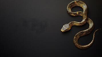 Stunning Golden Snake Slithering on Black Background Highlighting Exquisite Patterns and Textures of Nature's Beautiful Reptile in a Captivating Angle photo