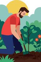 Man planting tree in garden with sun and flowers outdoor activity illustration vector
