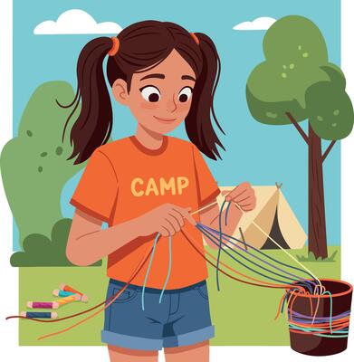 Girl camping outdoor making friendship bracelets with colorful threads in nature setting