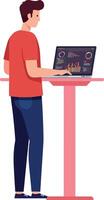Man Working on Laptop Standing at Modern Desk with Data Visualization Illustration vector