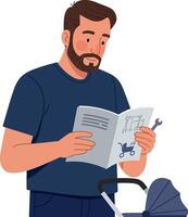 Man assembling baby stroller with instruction manual and wrench in casual clothing illustration vector