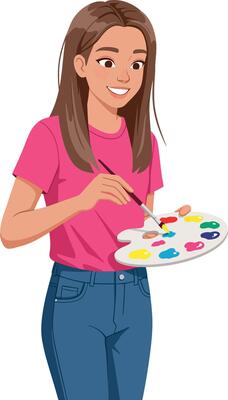 Young woman painting on palette with colorful paints in casual outfit illustration