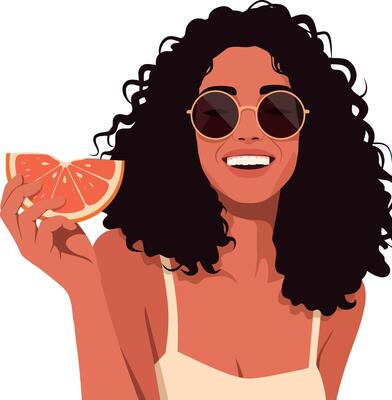 Woman with curly hair holding grapefruit slice smiling with sunglasses illustration