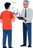 Businessmen discussing data analytics and financial charts in office environment illustration vector