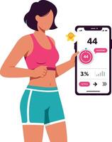 Woman holding smartphone with health app showing heart rate and fitness data in modern style vector