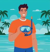 Man holding snorkeling mask with tropical ocean background and palm trees in summer illustration vector