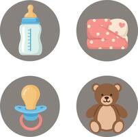 Baby essentials set with feeding bottle, pacifier, teddy bear, and blanket in soft colors vector