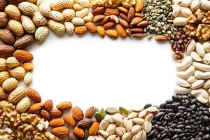 A Colorful Array of Various Nuts and Seeds Framing a Blank Space for Text, Ideal for Health, Nutrition, and Food-related Designs and Presentations photo
