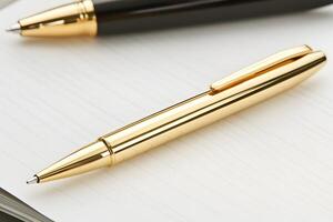 Elegant Gold Pen and Black Pen Resting on a Blank Open Notebook, Ideal for Office, Writing, and Creative Projects, Capturing Luxury and Professionalism in One Image photo
