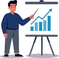 Man presenting business growth chart with upward arrow on flip chart illustration vector