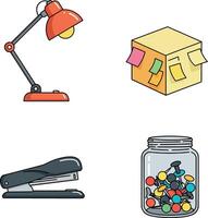Desk lamp stapler sticky notes box and jar with pushpins illustration set vector