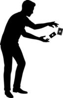 Man silhouette performing card magic tricks with floating playing cards illustration vector