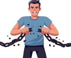 Man breaking heavy chains symbolizing strength and freedom in dynamic illustration vector