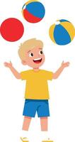 Boy juggling colorful red and blue yellow beach balls happy playtime illustration vector