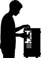 Silhouette of person assembling computer chassis in profile black illustration vector