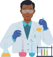 Scientist conducting chemical experiment with colorful liquids in laboratory glassware illustration vector