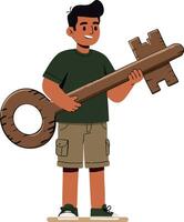 Boy Holding Large Wooden Key Illustration with Casual Clothes and Smiling Face vector