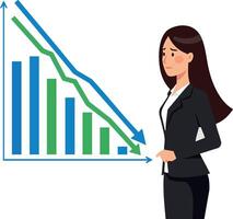 Businesswoman analyzing declining financial data with bar and line charts in office environment vector