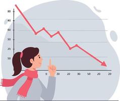 Woman pointing at declining red line graph showing financial loss illustration vector