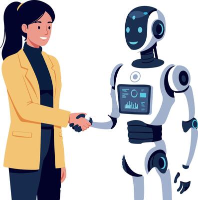 Woman shaking hands with robot artificial intelligence technology collaboration illustration