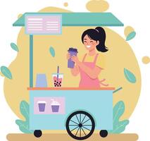 Bubble Tea Vendor Serving Drinks at Mobile Cart with Wheel and Awning vector
