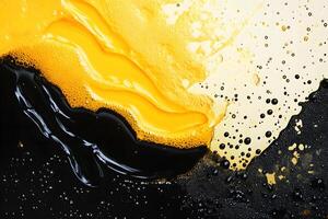 Vibrant Abstract Composition of Yellow and Black Fluid Art with Textures and Bubbles Capturing Dynamic Movement in a Contemporary Setting photo