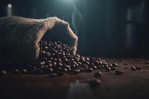 Freshly Roasted Coffee Beans Spilling Out of a Burlap Sack with Steam Rising in a Dimly Lit Rustic Environment for a Warm, Cozy Atmosphere photo