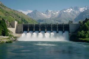 Majestic Hydroelectric Dam Surrounded by Stunning Mountain Landscape with Cascading Water and Clear Blue Sky on a Bright Sunny Day photo