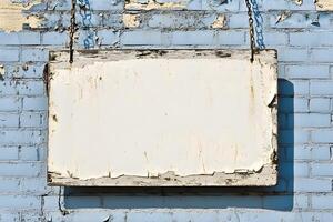Weathered Blank Signboard Hanging on Blue Brick Wall with Peeling Paint, Ideal for Creative Projects Needing an Empty Space for Text or Graphics photo