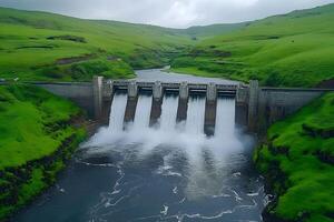 Scenic View of Modern Dam Overflowing with Water Surrounded by Lush Green Hills and Vibrant Landscape in a Cloudy Sky photo