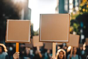 Blank Signs Held Up by Protesters During Demonstration in a Busy City, Symbolizing Freedom of Speech and Collective Action for Social Change photo