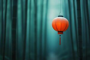 Serene Red Lantern Hanging Amidst Lush Bamboo Forest, Symbolizing Tranquility and Cultural Heritage in a Mystical Natural Environment photo
