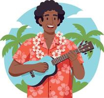 Man Wearing Hawaiian Shirt Playing Ukulele with Palm Trees in Background Illustration vector