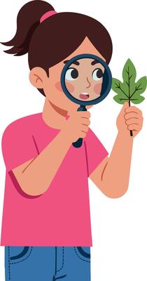 Girl examining green leaf with magnifying glass educational exploration illustration