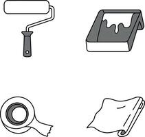 Painting tools illustration with roller brush paint tray masking tape and drop cloth vector