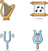 Musical instruments and sound icons including harp tuning fork and music scroll illustration vector