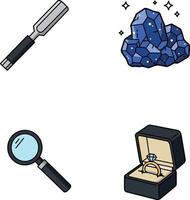 Diamond mining tools and sparkling blue gemstone with magnifying glass and ring box illustration vector