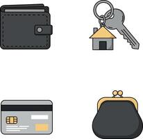 Wallet credit card keychain with house key and coin purse icons set vector
