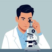 Male Scientist Looking Through Microscope in Lab Coat Illustration vector