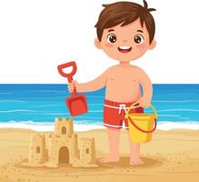 Boy building sandcastle on beach with red shovel and yellow bucket in summer vector