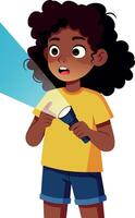 Child holding flashlight exploring with surprised expression illustration in portrait orientation vector