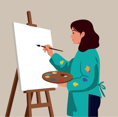 Woman artist painting on canvas with palette and brush in painting studio illustration