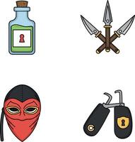 Collection of ninja weapons and tools with poison bottle and mask illustration vector
