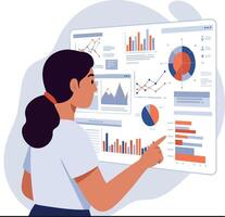 Woman analyzing business charts and data visualization on transparent screen illustration vector